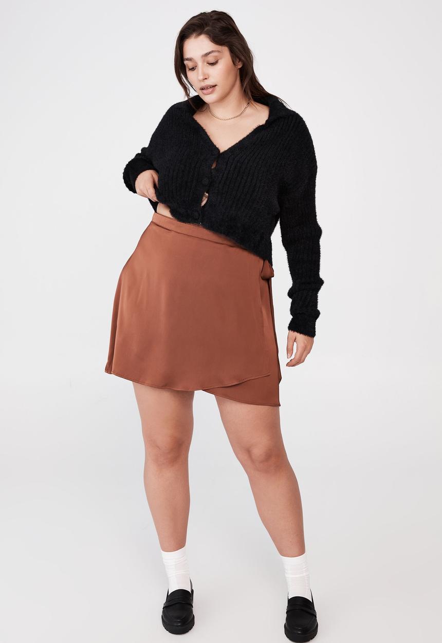 Cotton On - Curve woven santorini satin wrap mini skirt - vintage brown