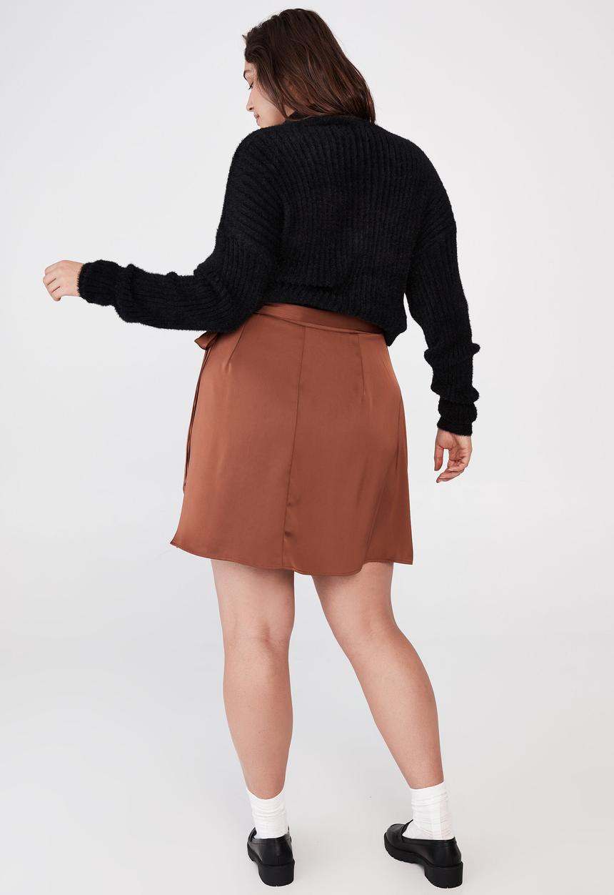 Cotton On - Curve woven santorini satin wrap mini skirt - vintage brown