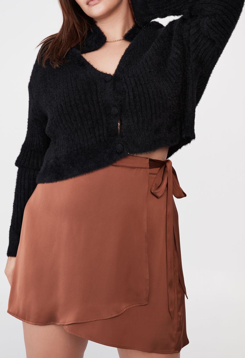 Cotton On - Curve woven santorini satin wrap mini skirt - vintage brown