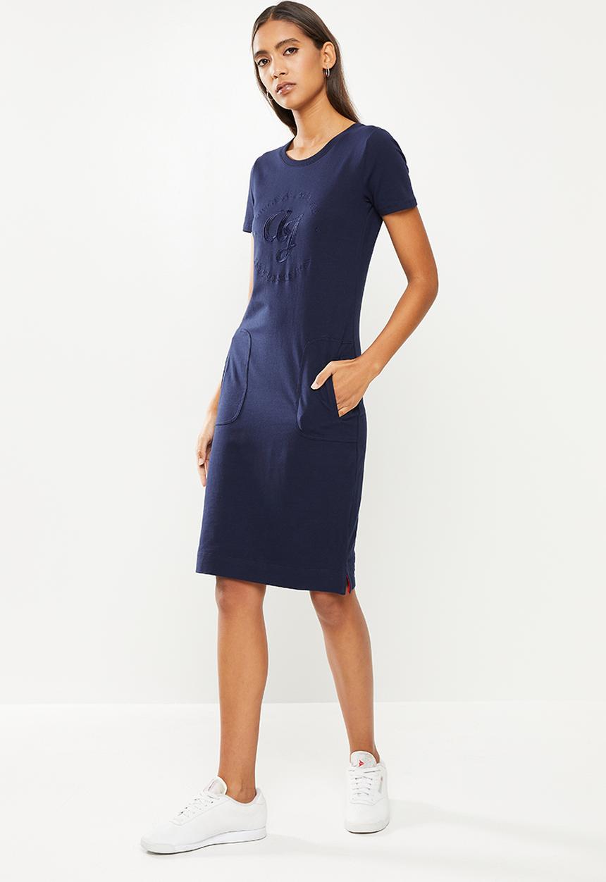 Aca Joe - Ladies aca joe crew neck embroidery & pocket dress - navy
