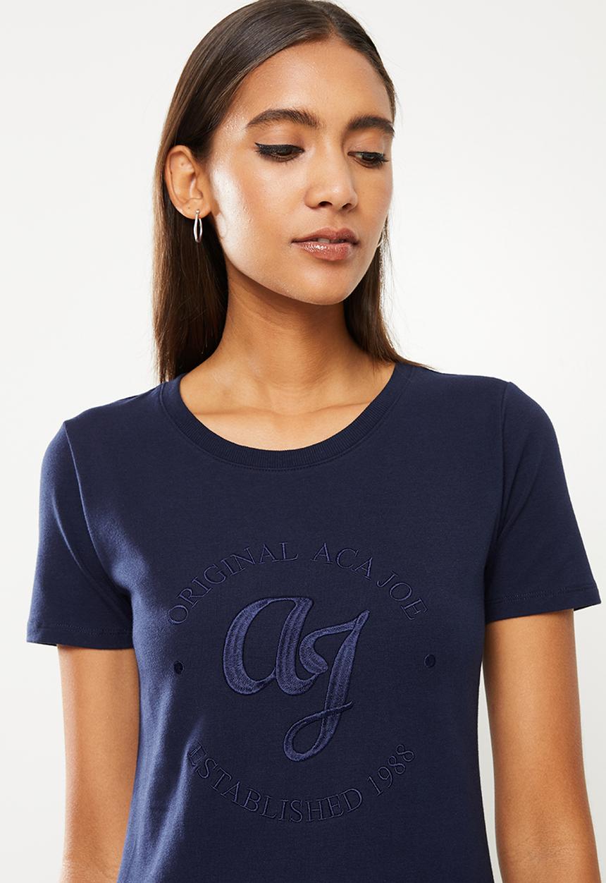 Aca Joe - Ladies aca joe crew neck embroidery & pocket dress - navy
