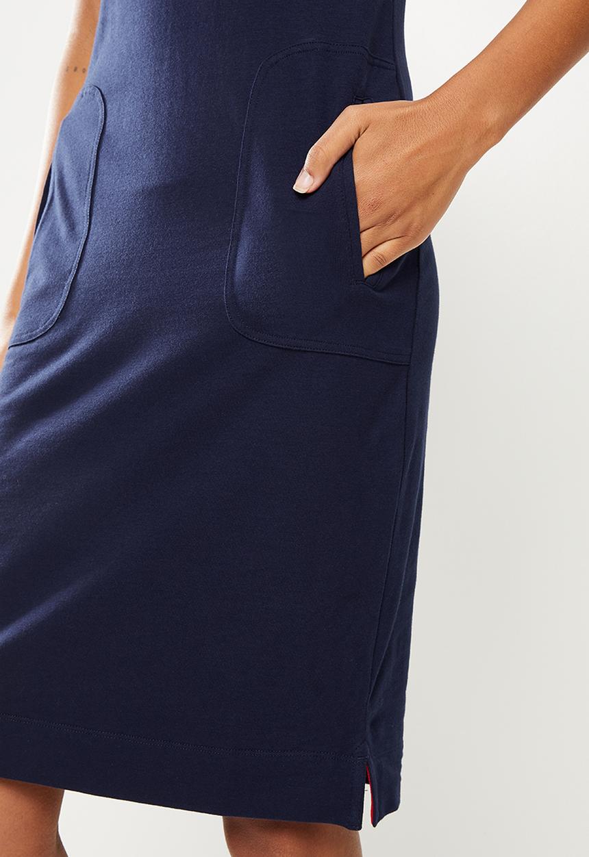 Aca Joe - Ladies aca joe crew neck embroidery & pocket dress - navy