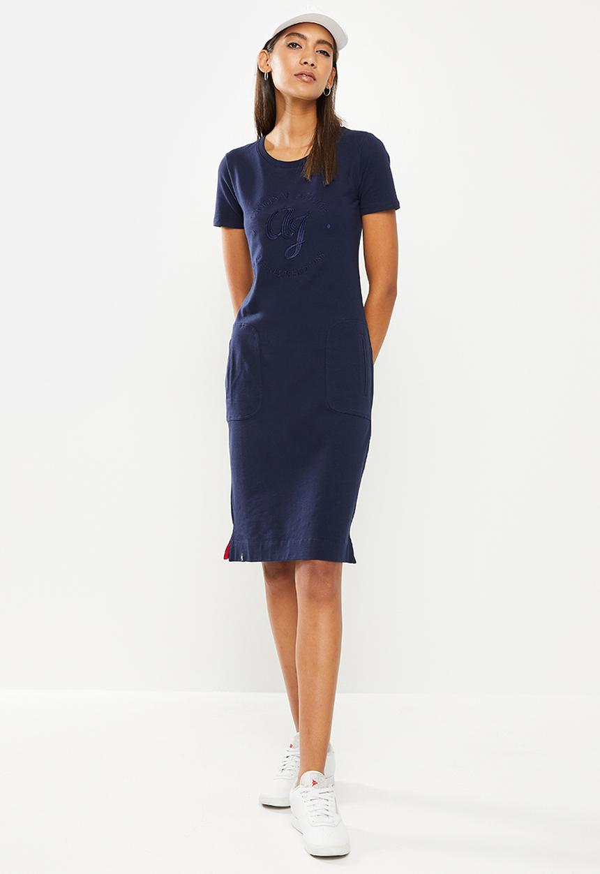 Aca Joe - Ladies aca joe crew neck embroidery & pocket dress - navy
