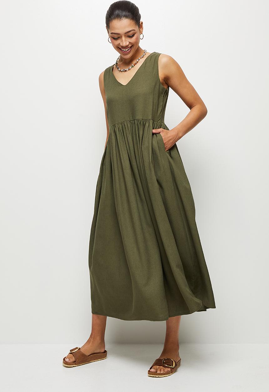 edit - Pocket detail Linen Midi dress  - khaki