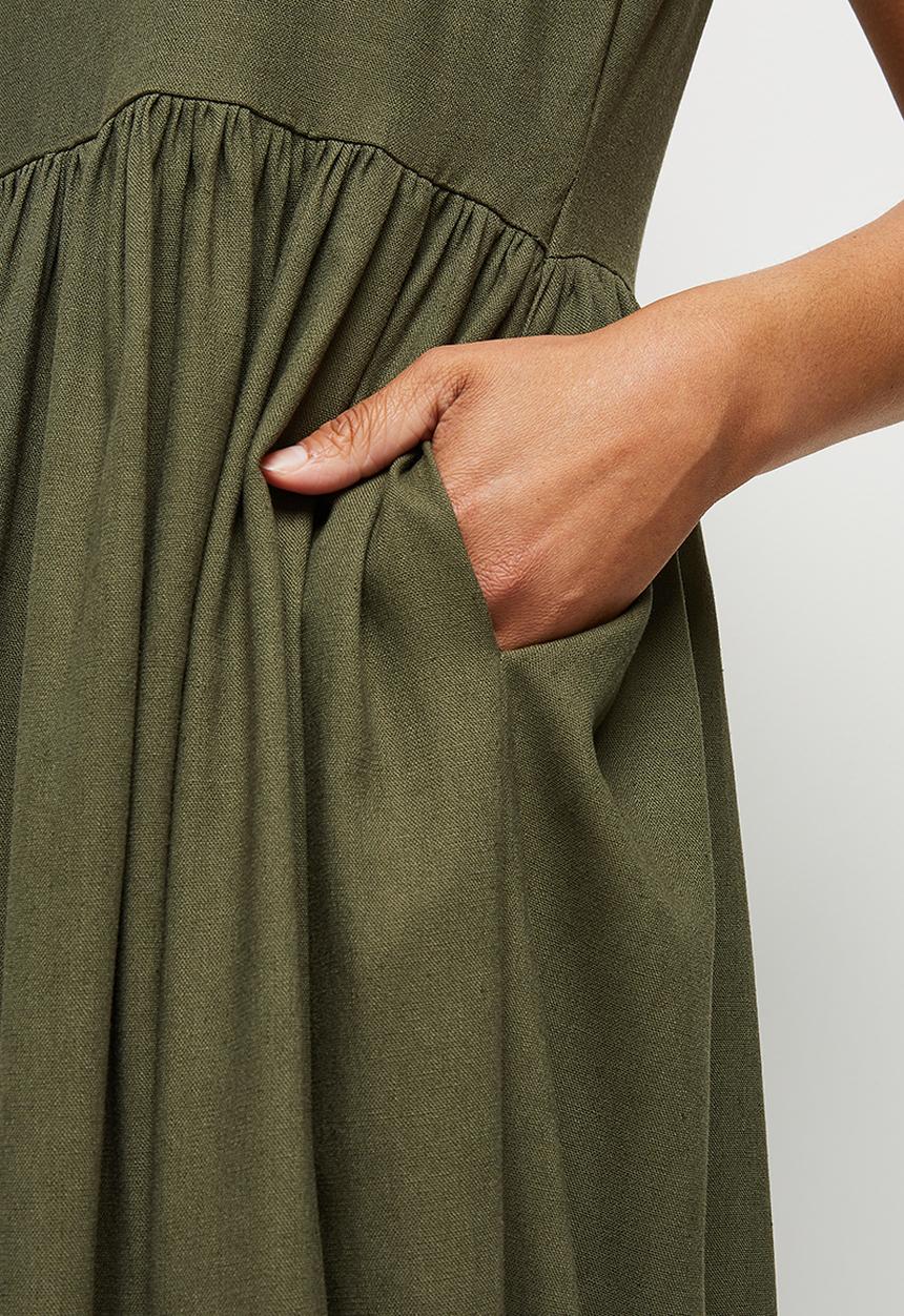 edit - Pocket detail Linen Midi dress  - khaki