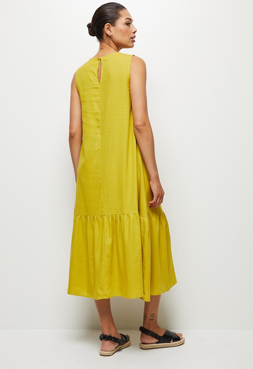 edit - Tiered hem linen midi - Ochre