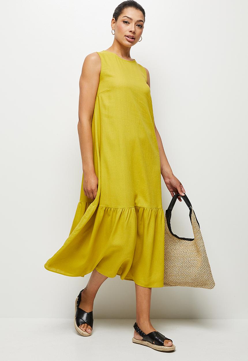 edit - Tiered hem linen midi - Ochre