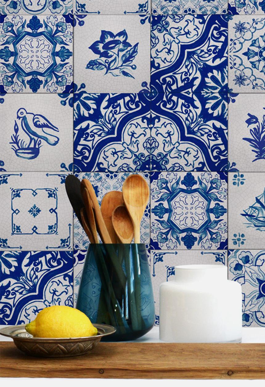 Robin Sprong - 20 azulejo wall tile stickers - blue