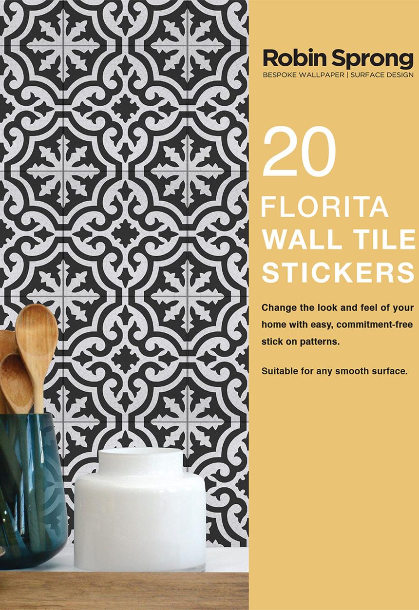 Robin Sprong - 20 florita wall tile stickers - black