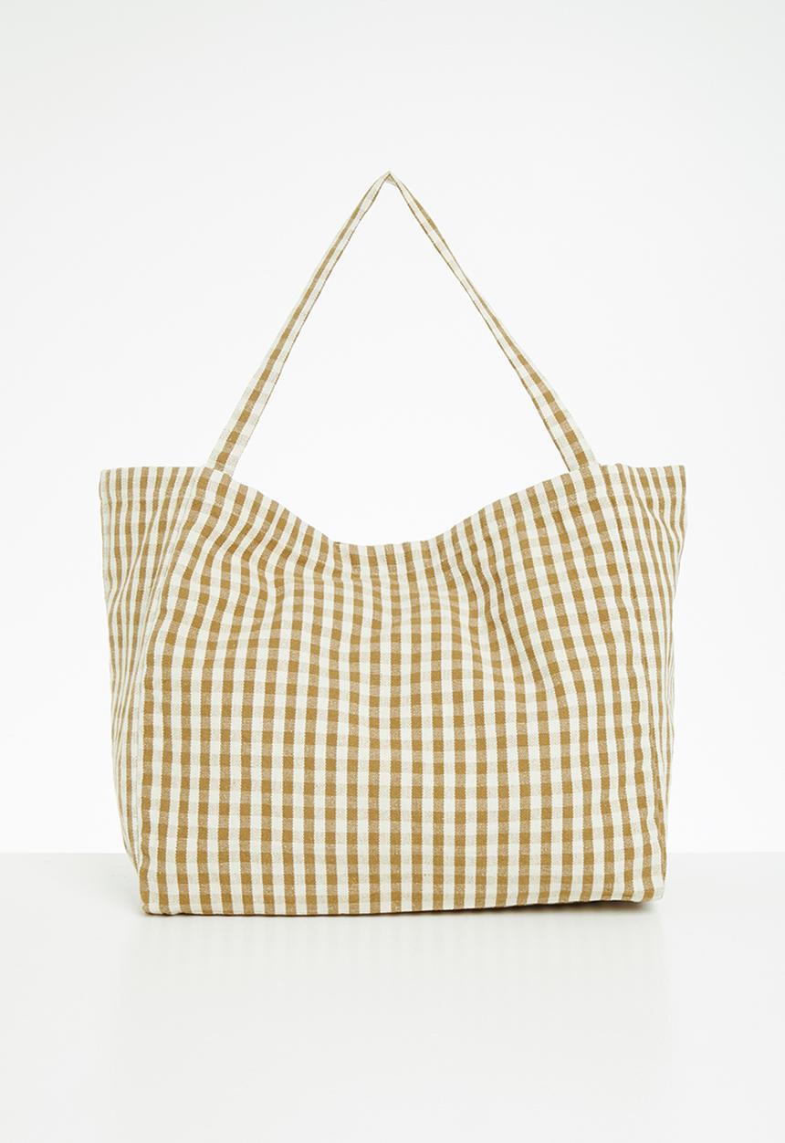MANGO - Gingham-check fabric shopper bag - mustard