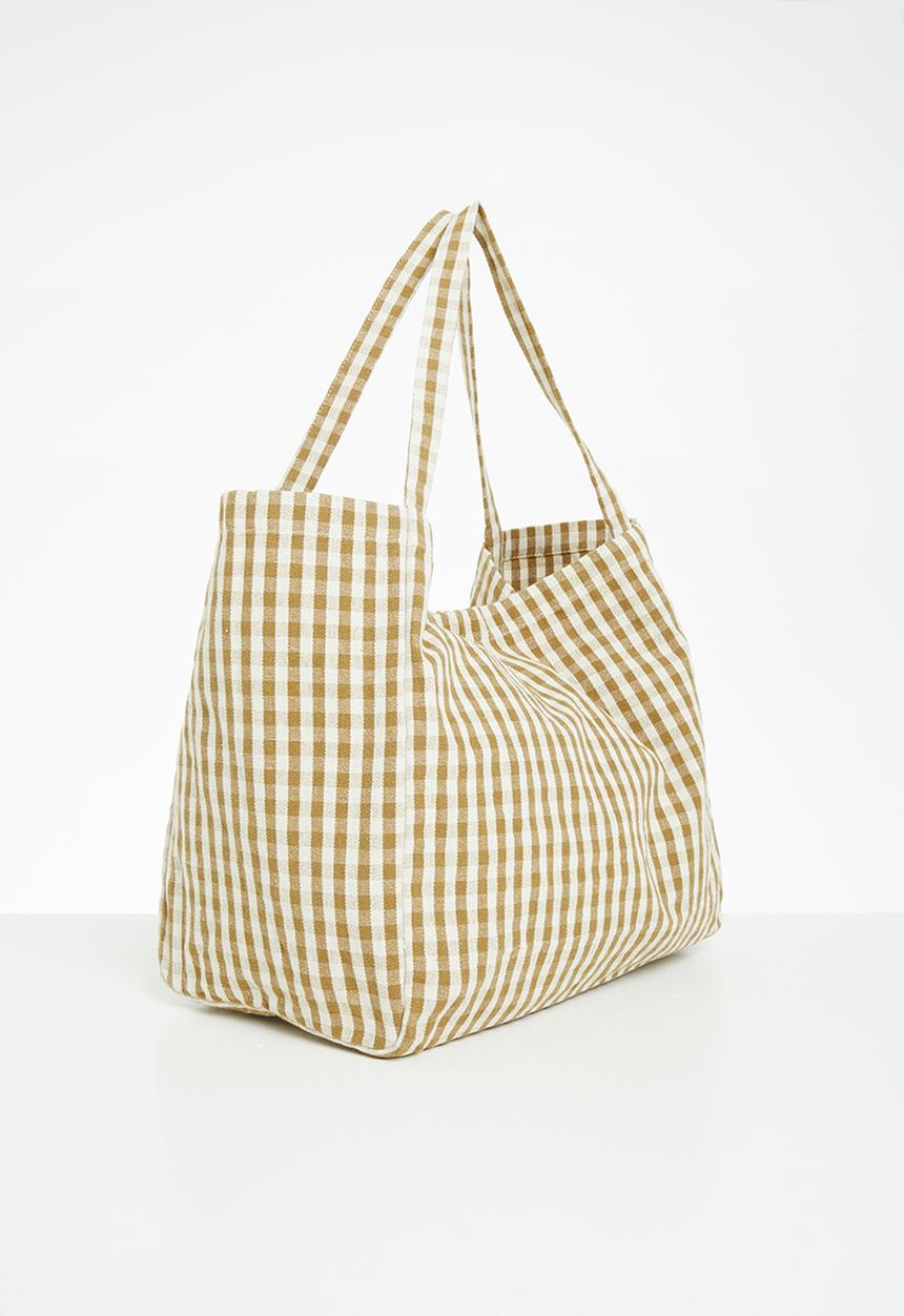 MANGO - Gingham-check fabric shopper bag - mustard