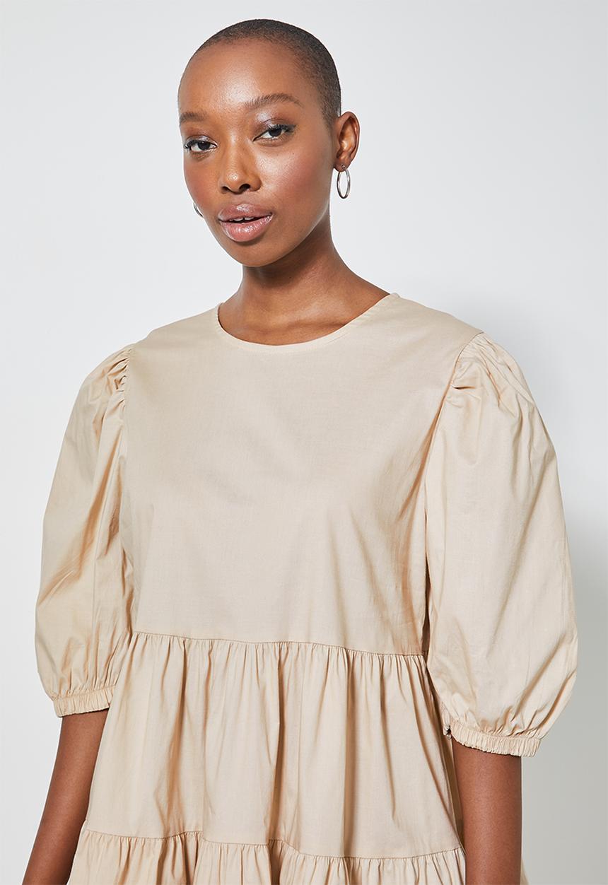 Superbalist - Poplin tiered volume mini dress - stone
