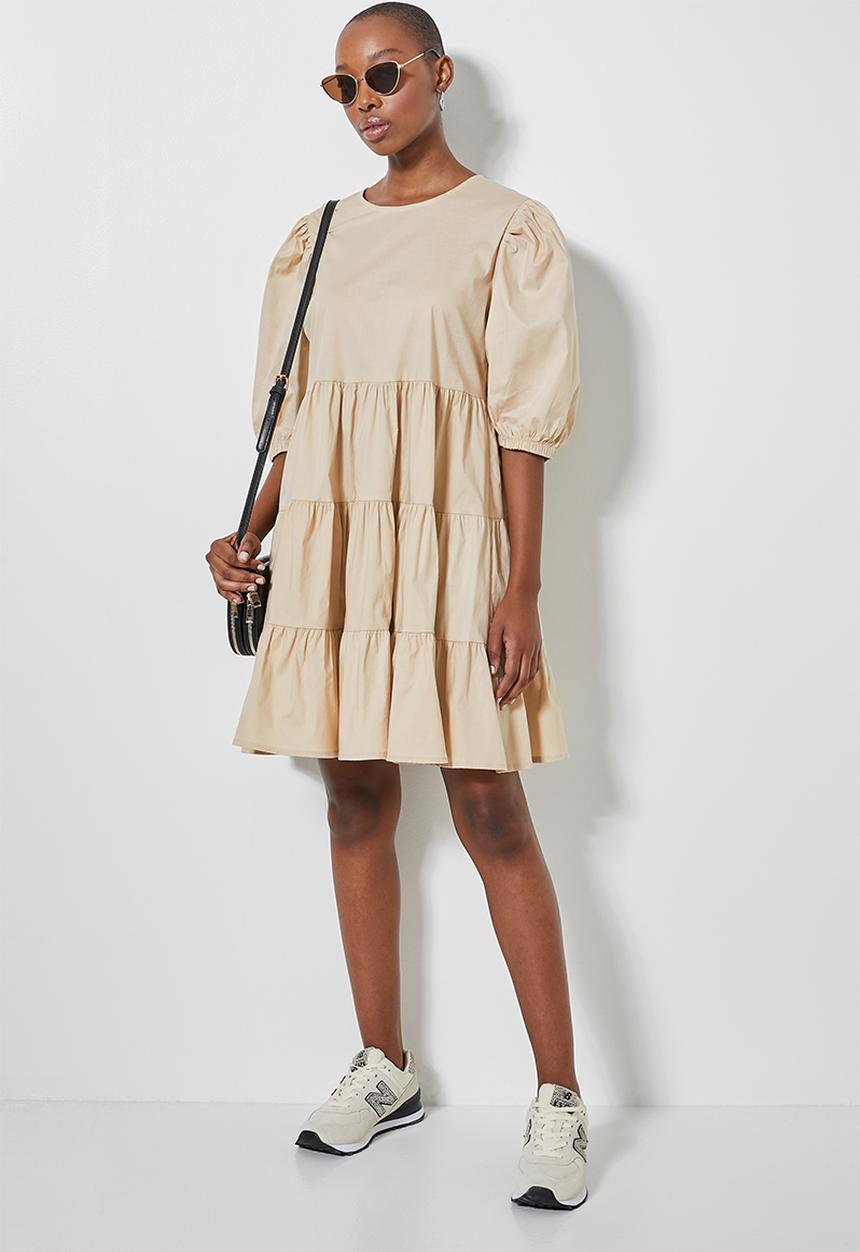 Superbalist - Poplin tiered volume mini dress - stone