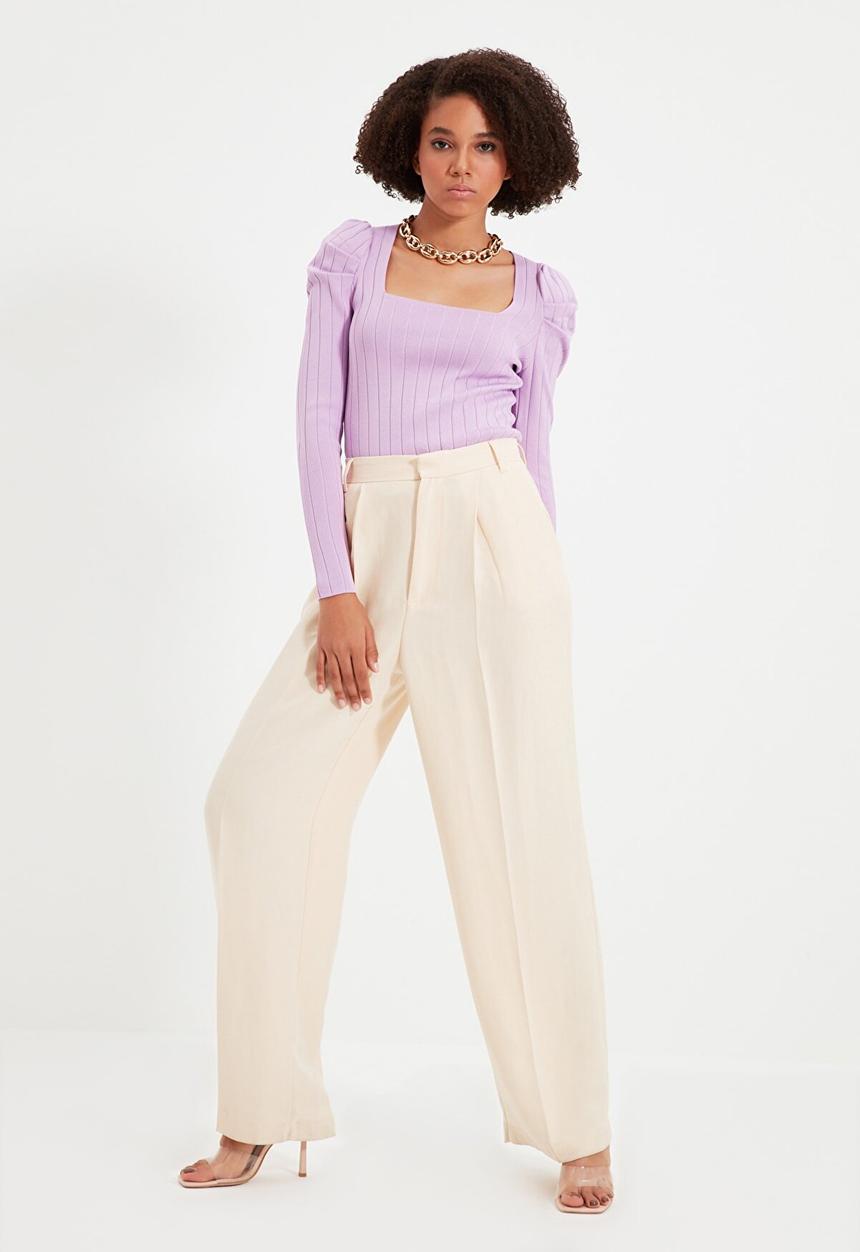 Trendyol - Pleated sleeve square collar top - lilac