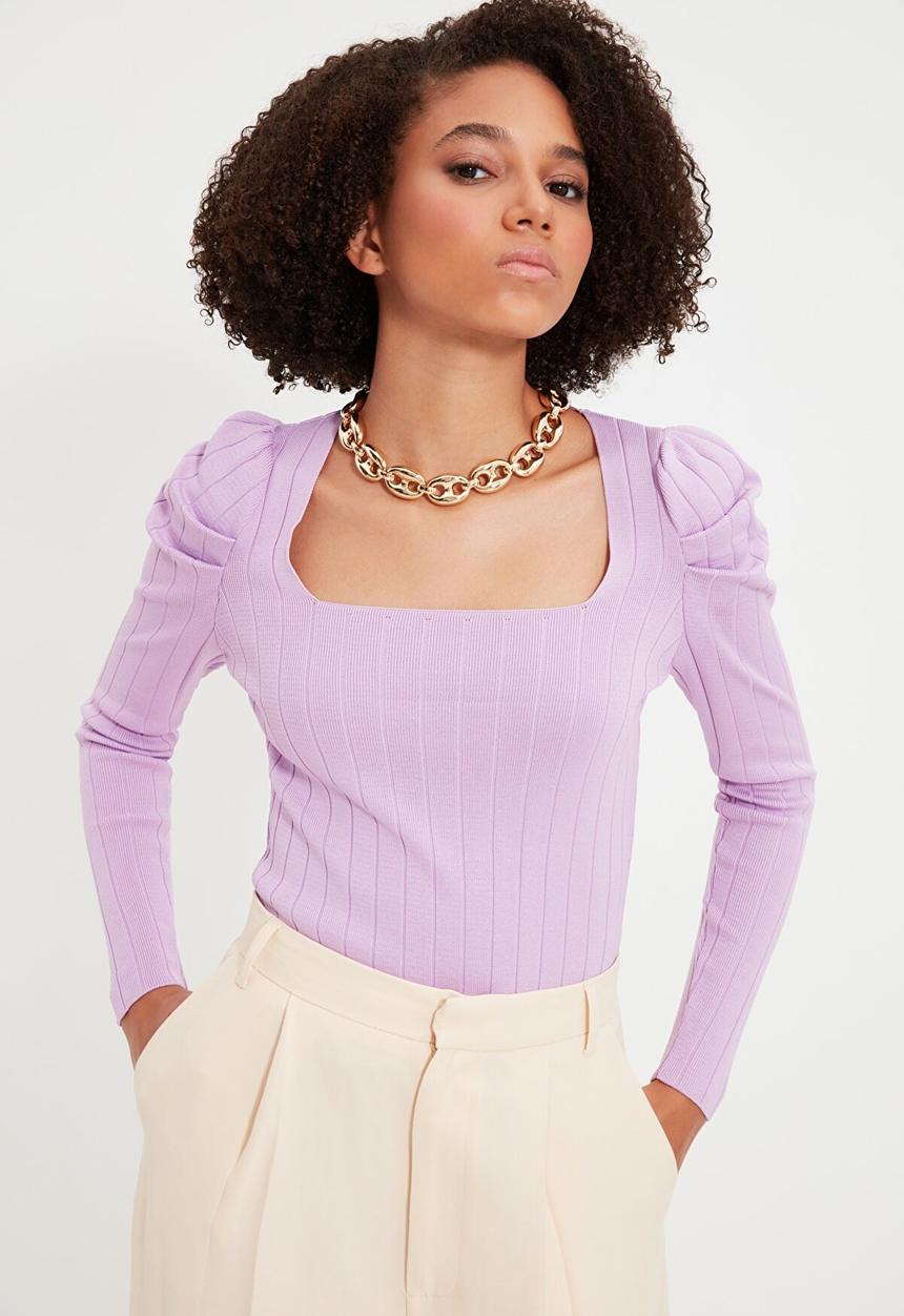 Trendyol - Pleated sleeve square collar top - lilac