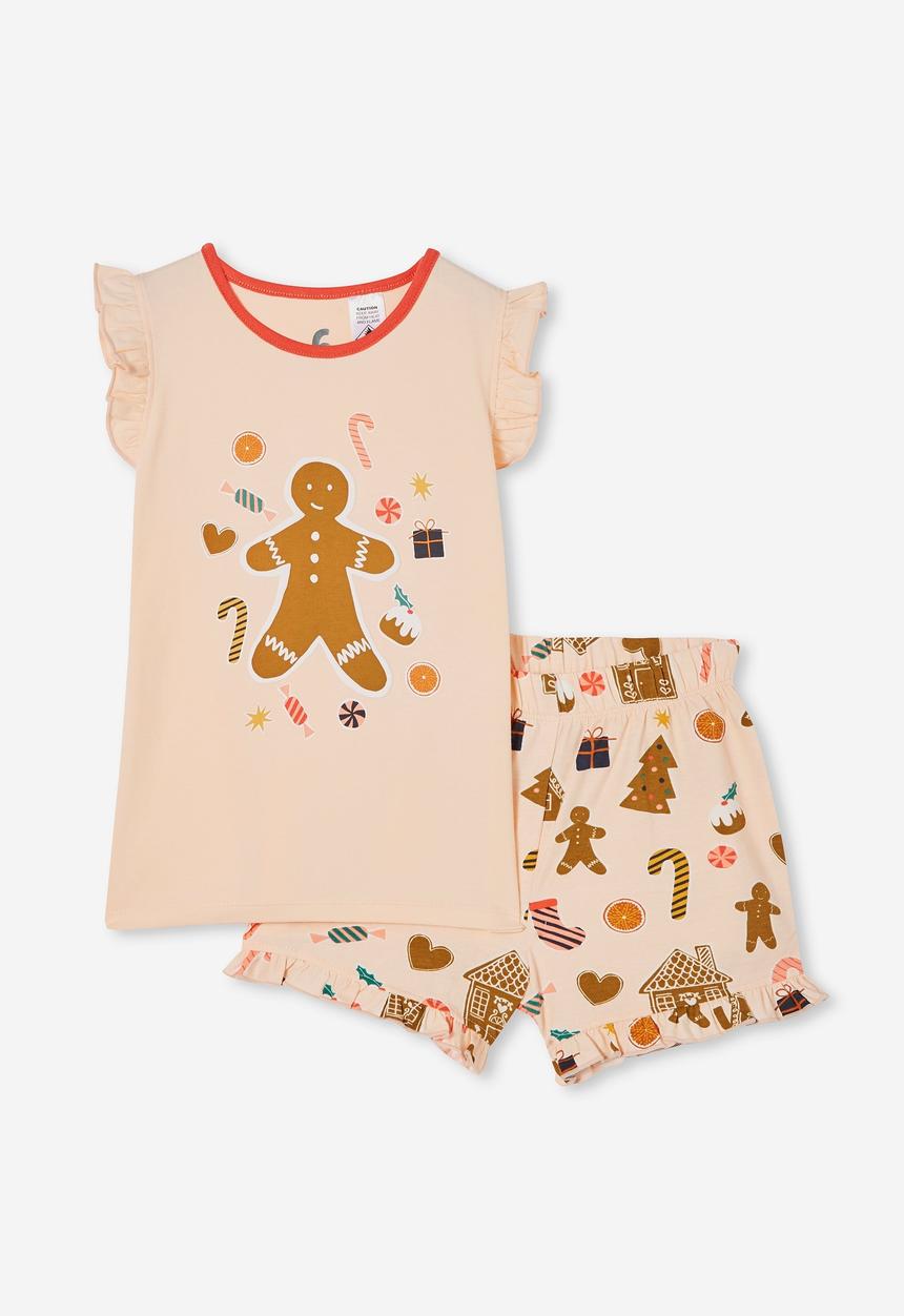 Cotton On - Stacey short sleeve flutter pyjama set - gingerbread xmas/peach tang