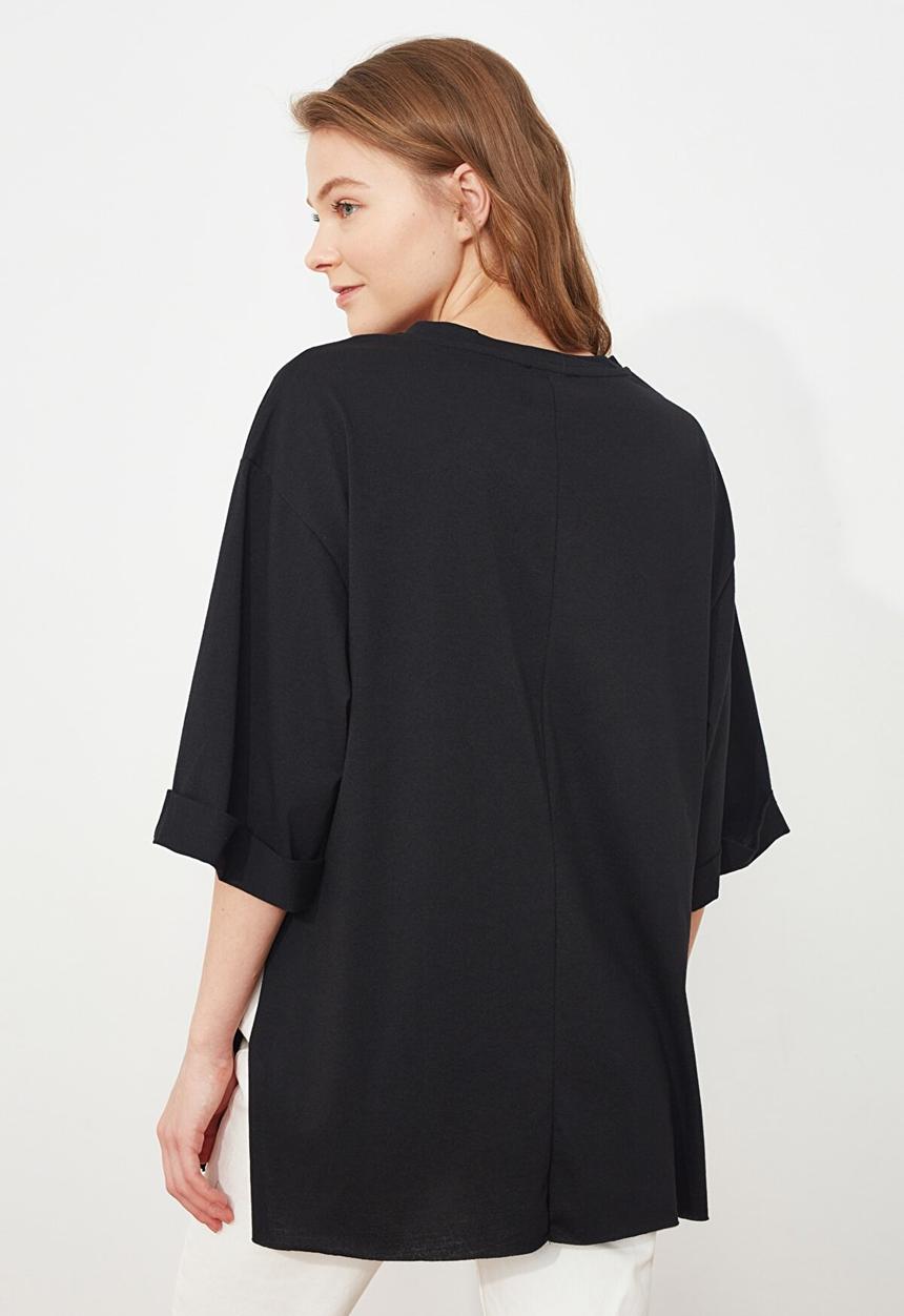 Trendyol - Double sleeve asymmetrical boyfriend t-shirt - black