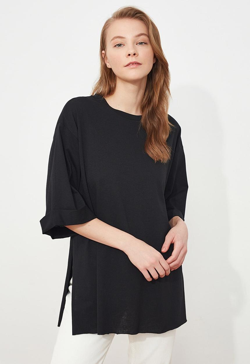 Trendyol - Double sleeve asymmetrical boyfriend t-shirt - black