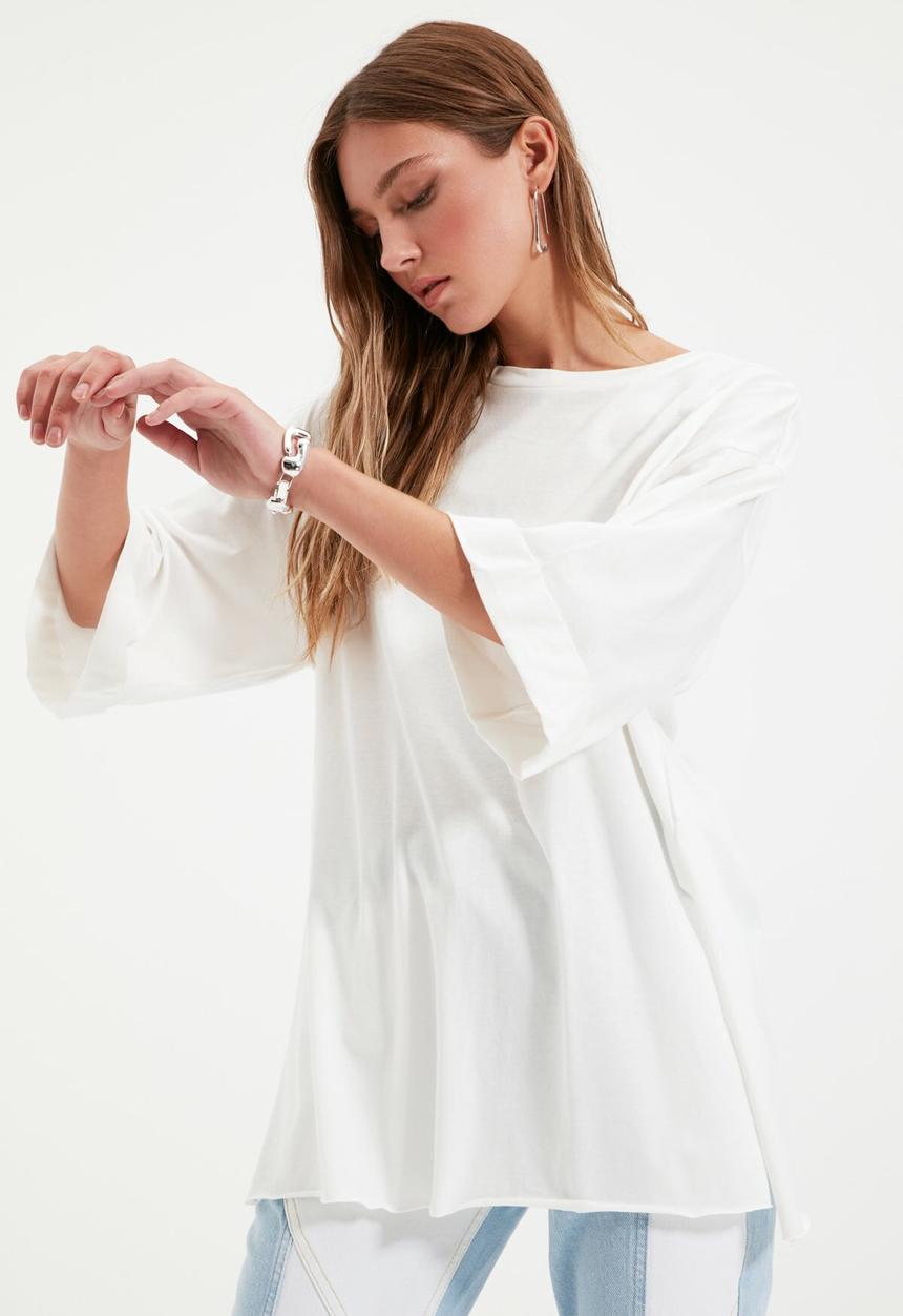 Trendyol - Double sleeve asymmetrical boyfriend t-shirt - white