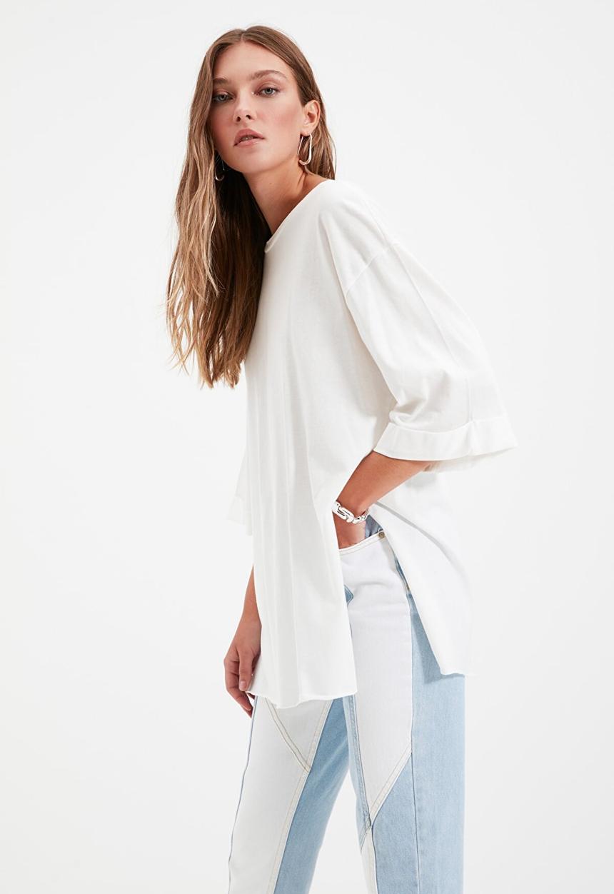 Trendyol - Double sleeve asymmetrical boyfriend t-shirt - white