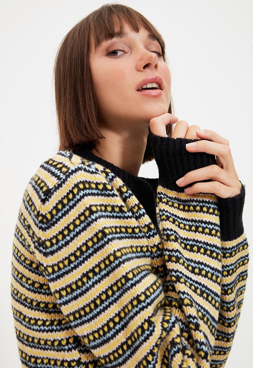 Trendyol - Button detailed striped knit cardigan - navy & yellow 