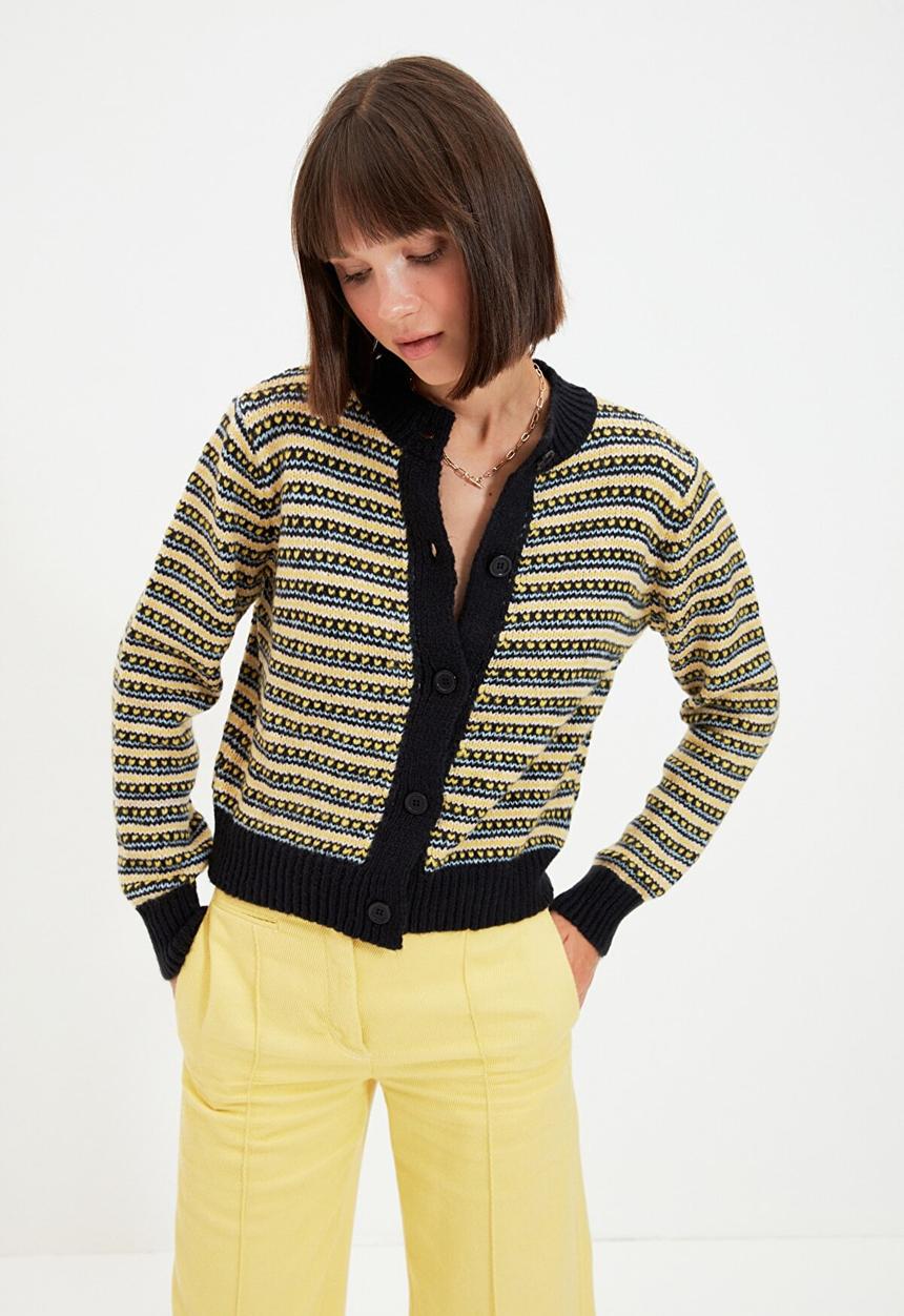 Trendyol - Button detailed striped knit cardigan - navy & yellow 
