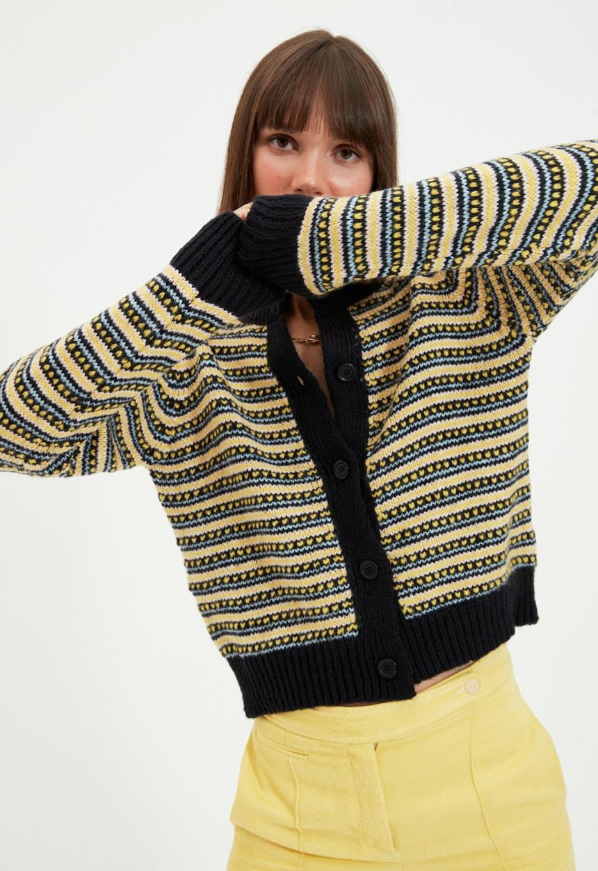 Trendyol - Button detailed striped knit cardigan - navy & yellow 