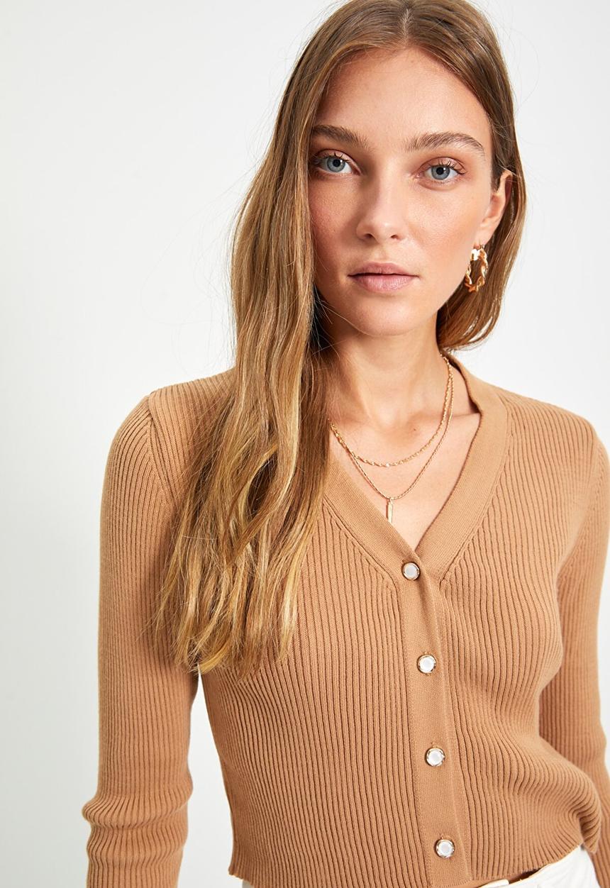 Trendyol - Crop corduroy knit cardigan - camel