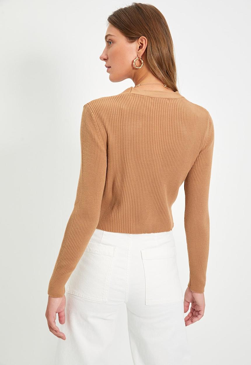 Trendyol - Crop corduroy knit cardigan - camel