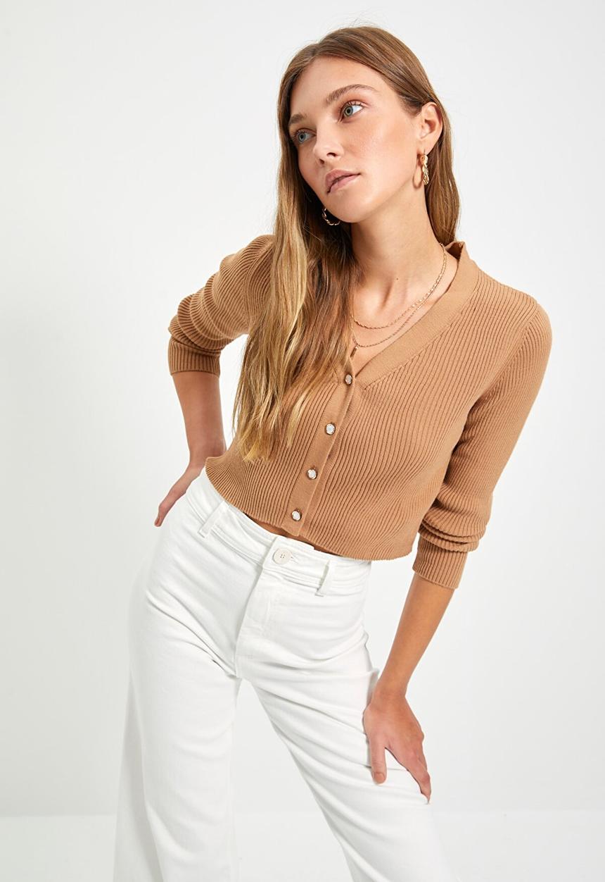 Trendyol - Crop corduroy knit cardigan - camel