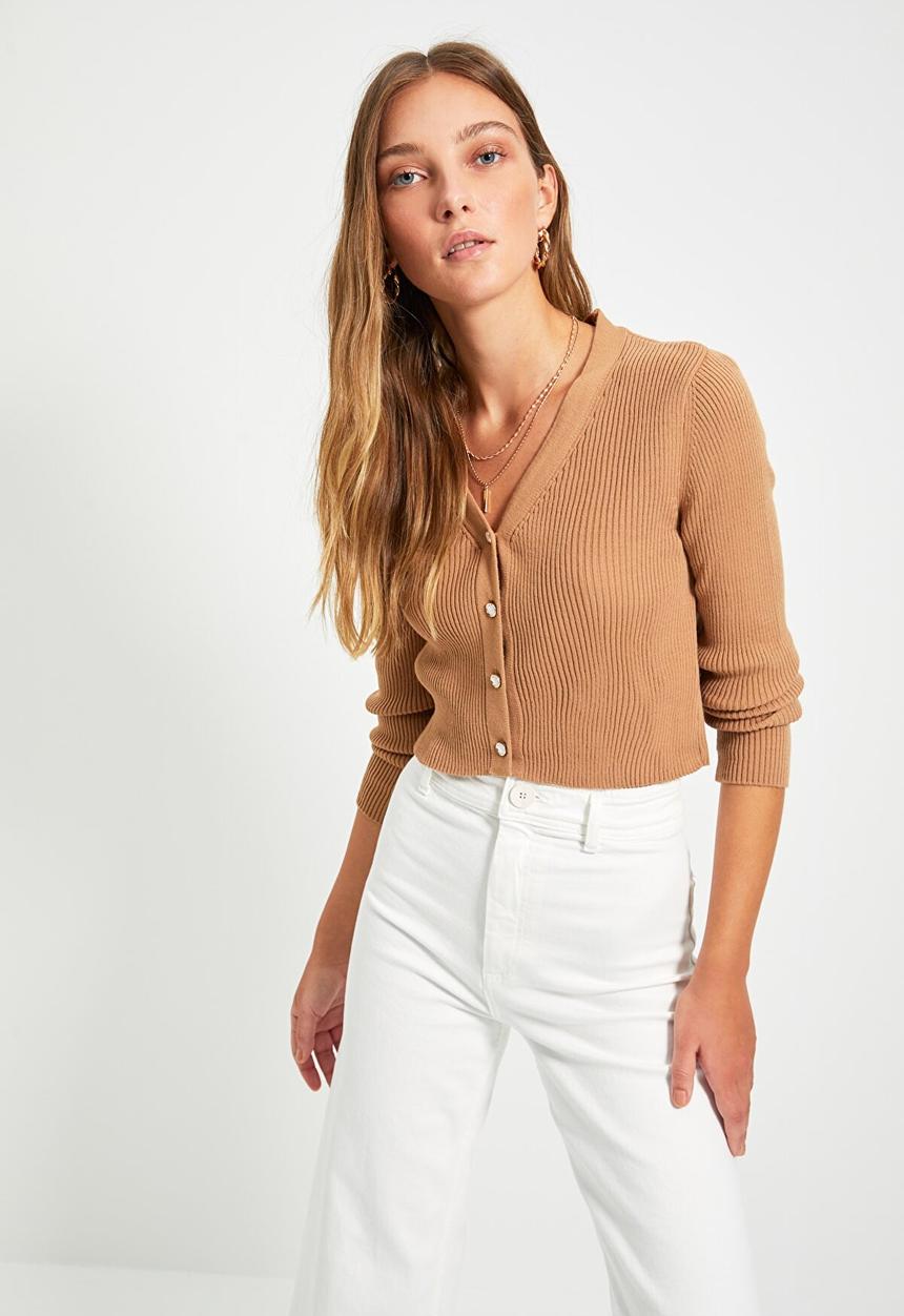 Trendyol - Crop corduroy knit cardigan - camel