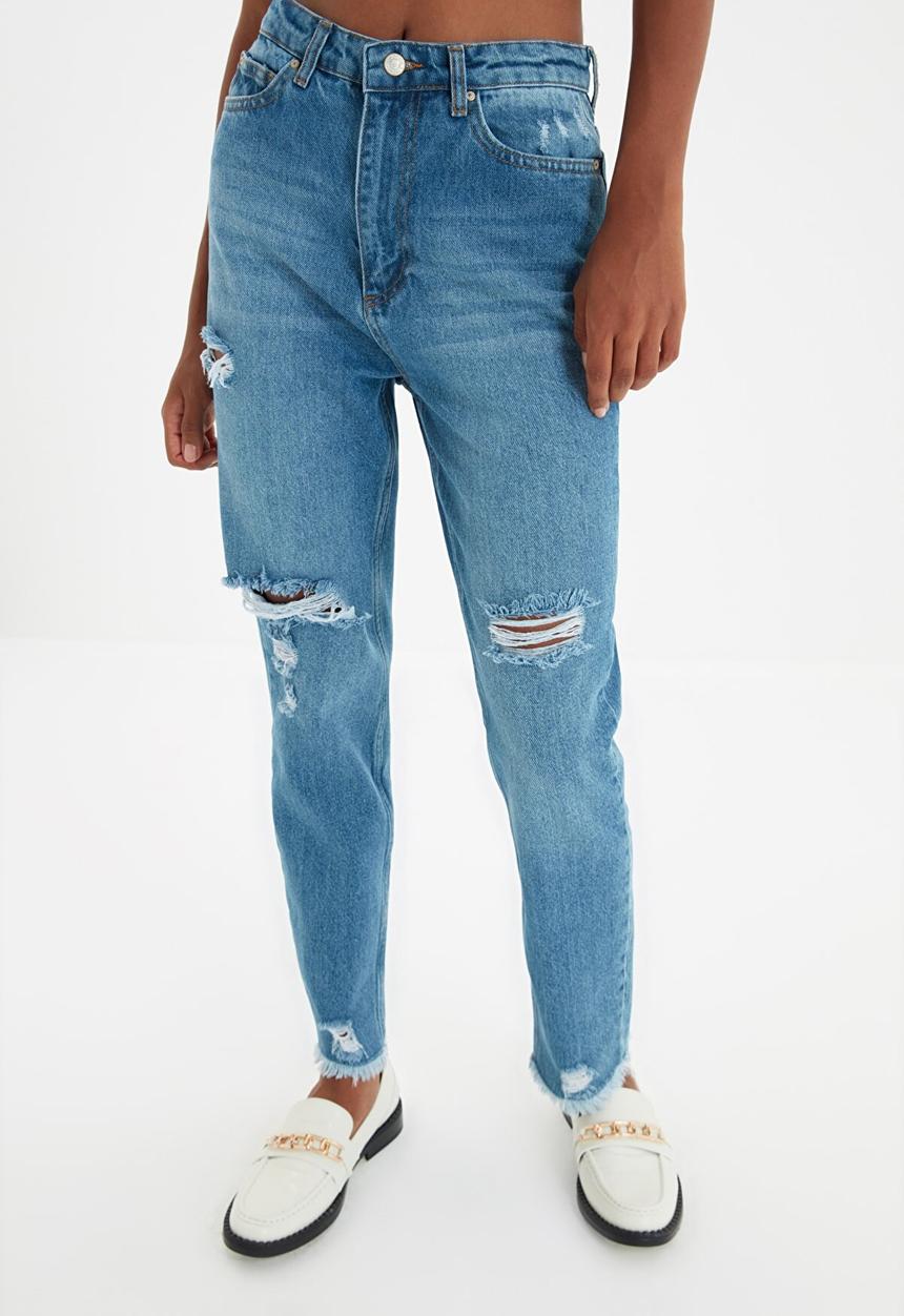 Trendyol - Ripped detailed high waist mom jeans - blue