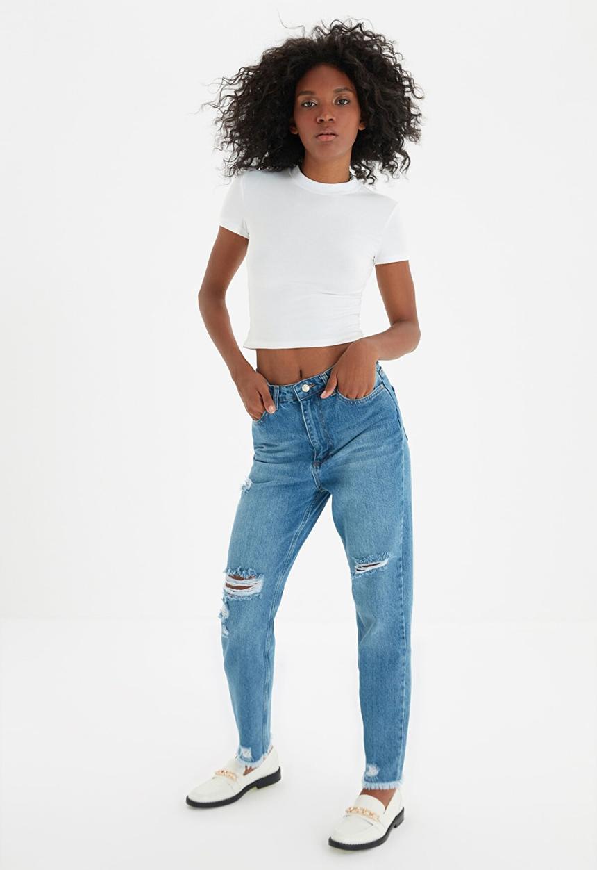 Trendyol - Ripped detailed high waist mom jeans - blue