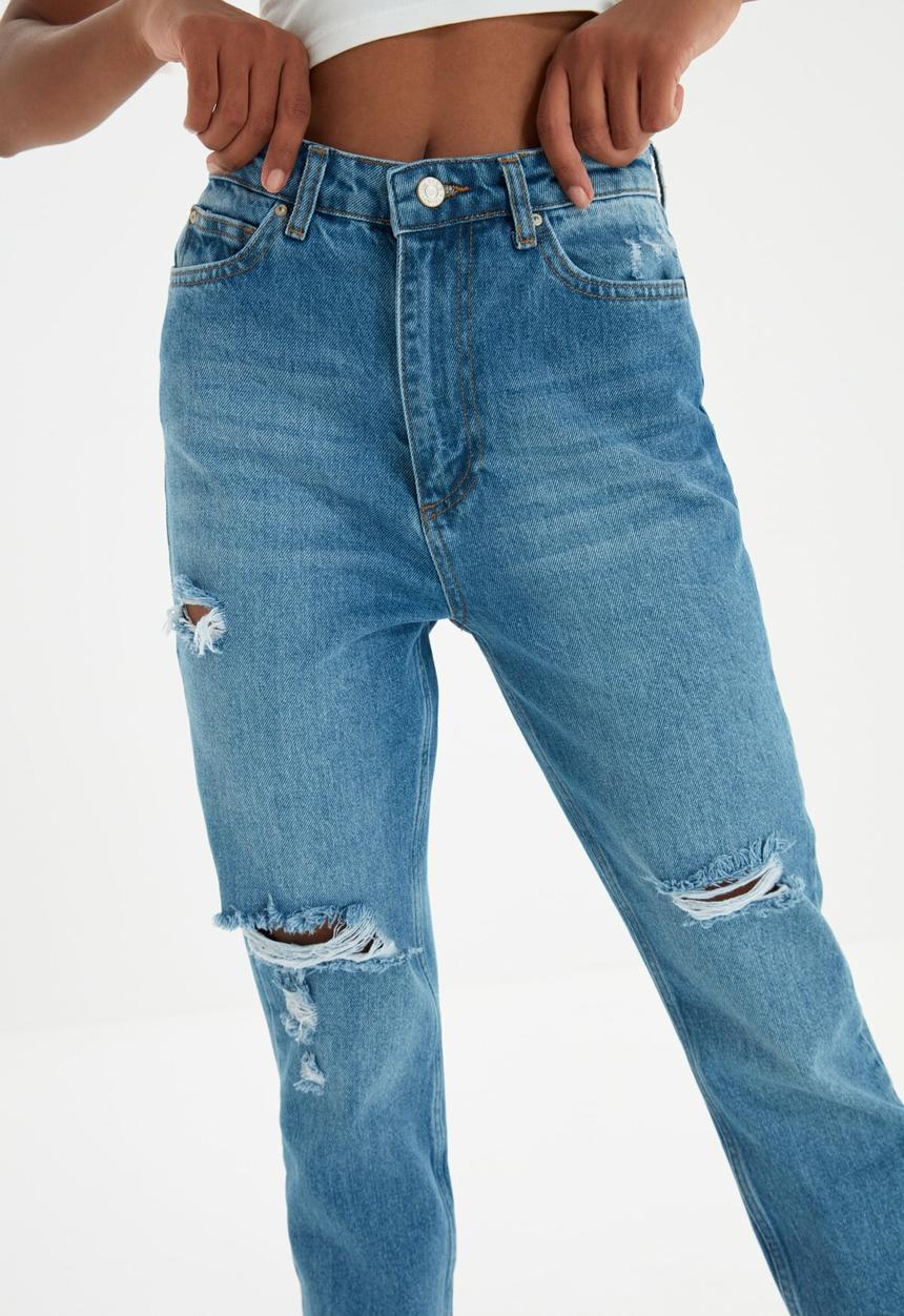 Trendyol - Ripped detailed high waist mom jeans - blue