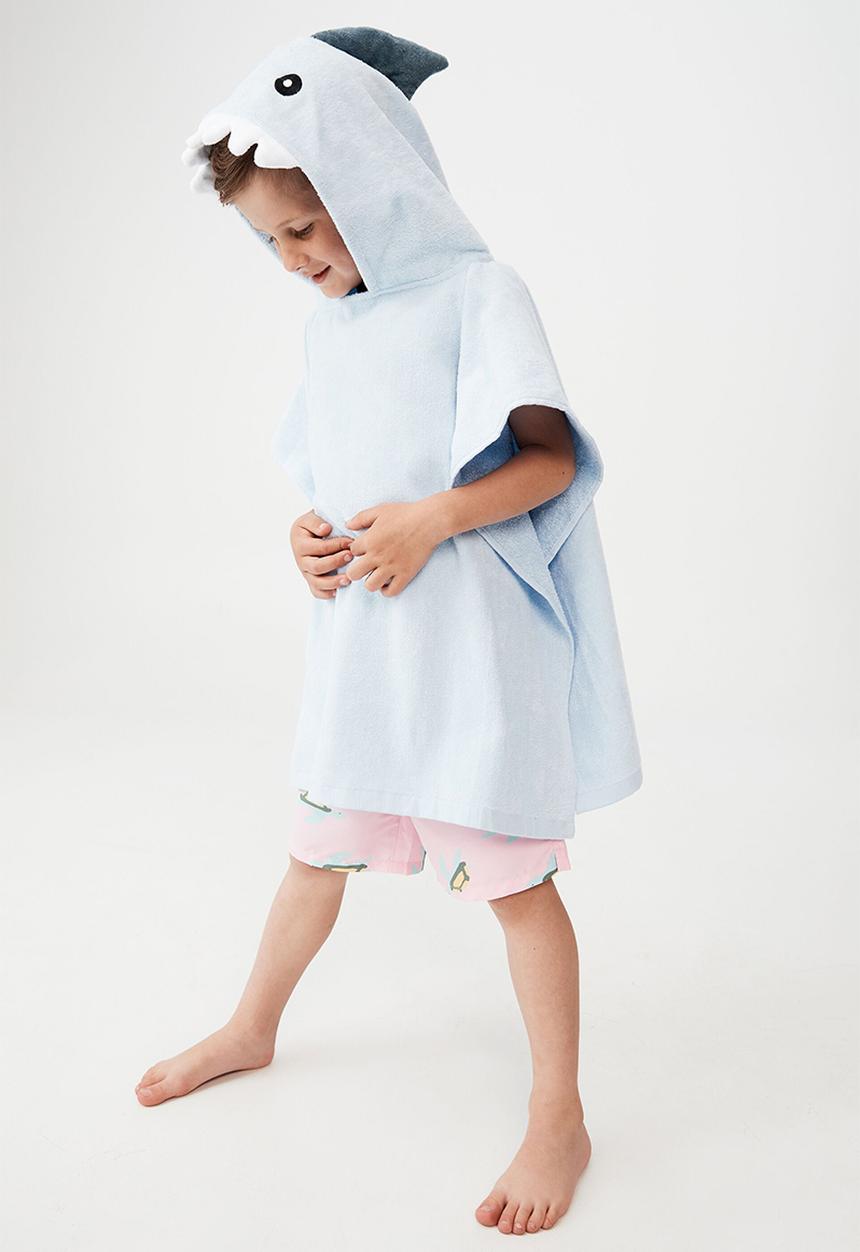 Cotton On - Kids hooded towel - white water blue shark
