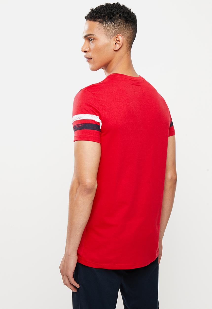 Aca Joe - Distressed flat print stripe sleeve tee - red
