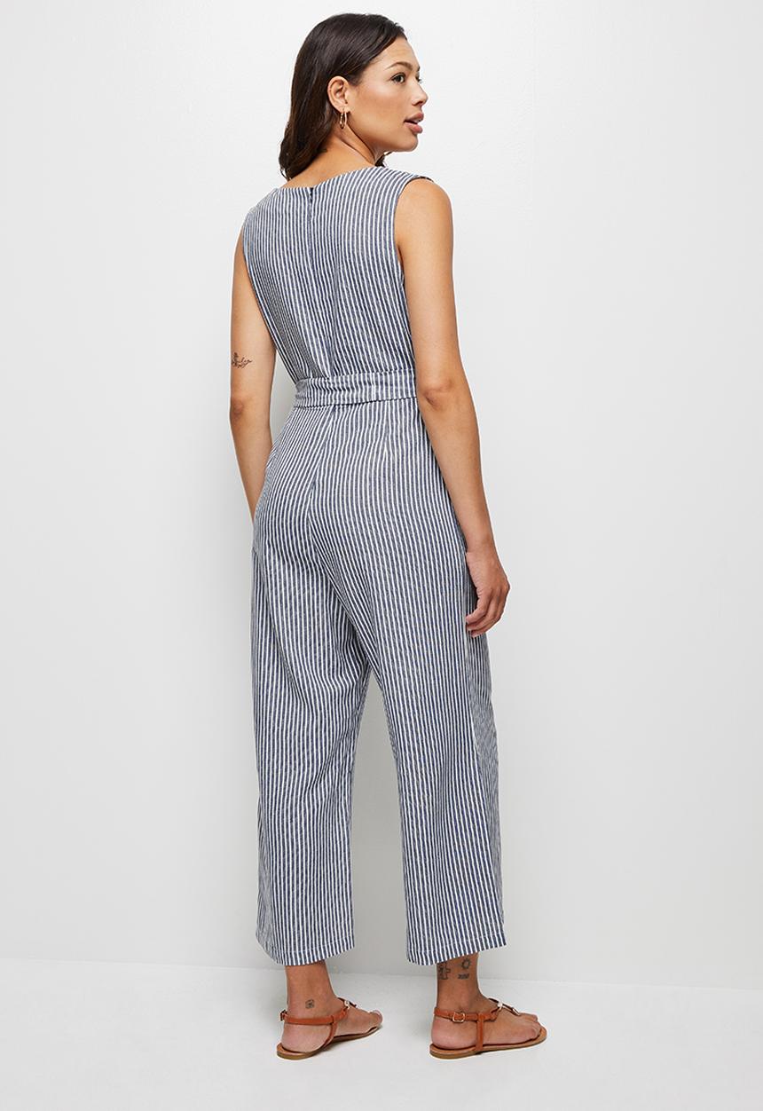 edit - Linen v-neck loose jumpsuit - indigo & white 