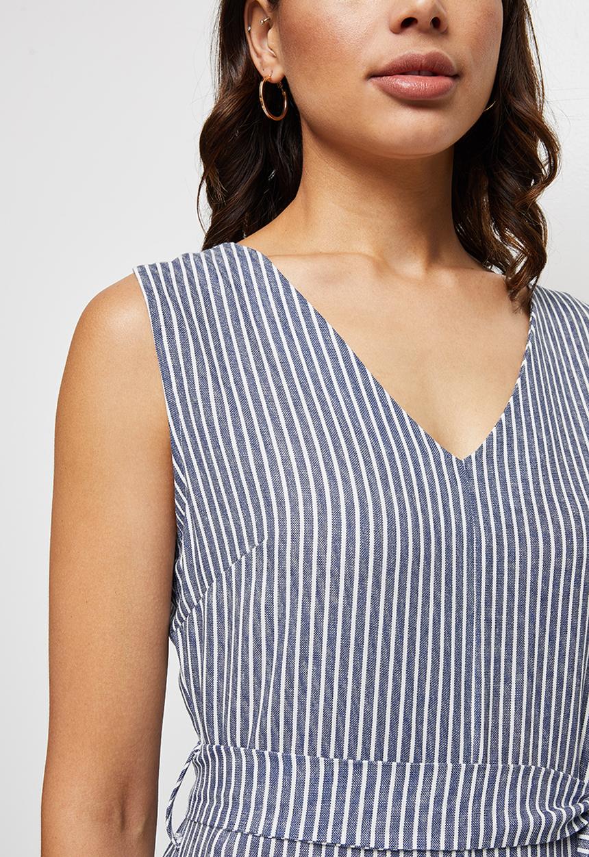 edit - Linen v-neck loose jumpsuit - indigo & white 