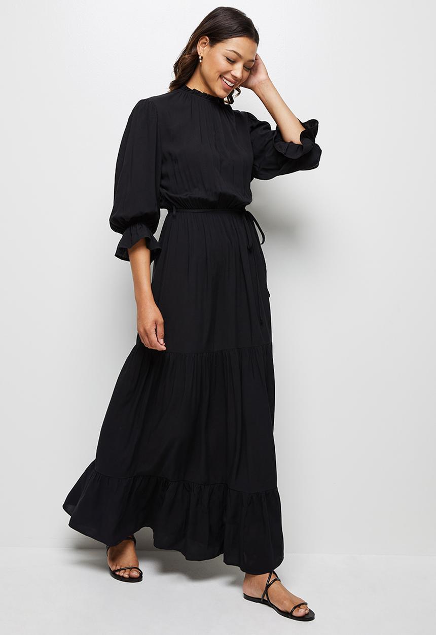 edit - Round neck tiered fit & flare maxi dress - black