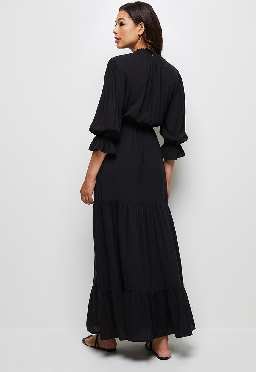 edit - Round neck tiered fit & flare maxi dress - black