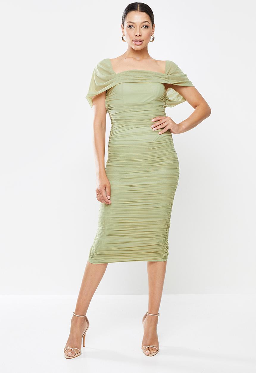 Missguided - Mesh ruched bardot midi dress - khaki