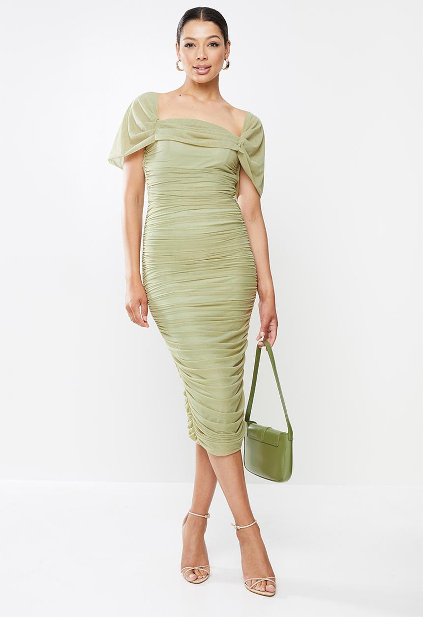 Missguided - Mesh ruched bardot midi dress - khaki