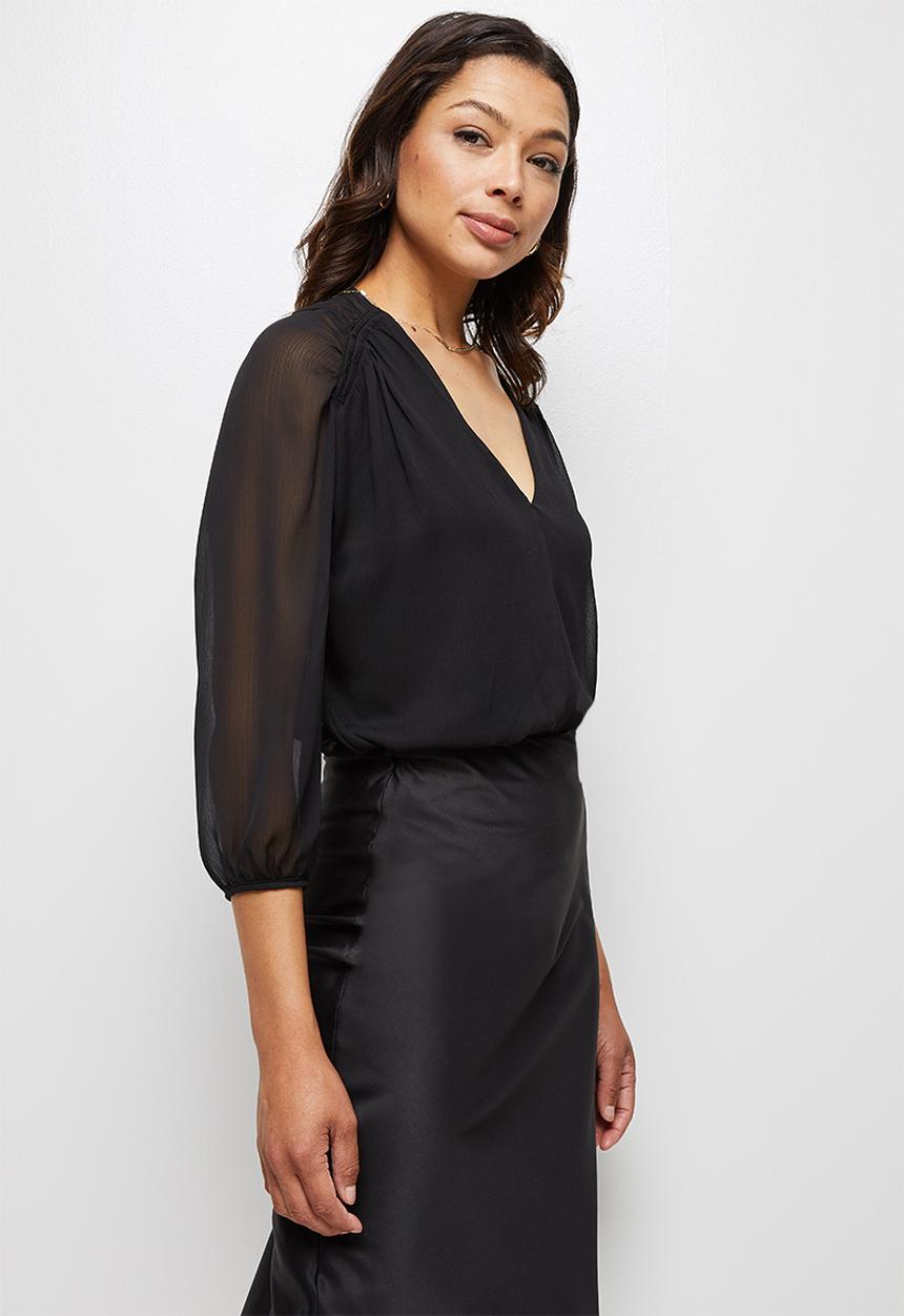 MILLA - Gauged sleeve woven bodysuit - black