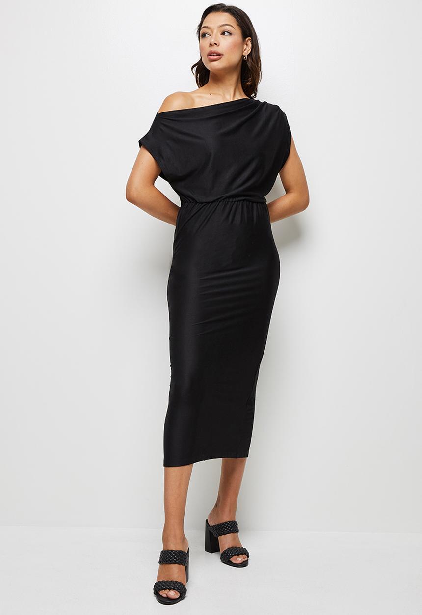 MILLA - Brushed knit slash neck midi dress - black