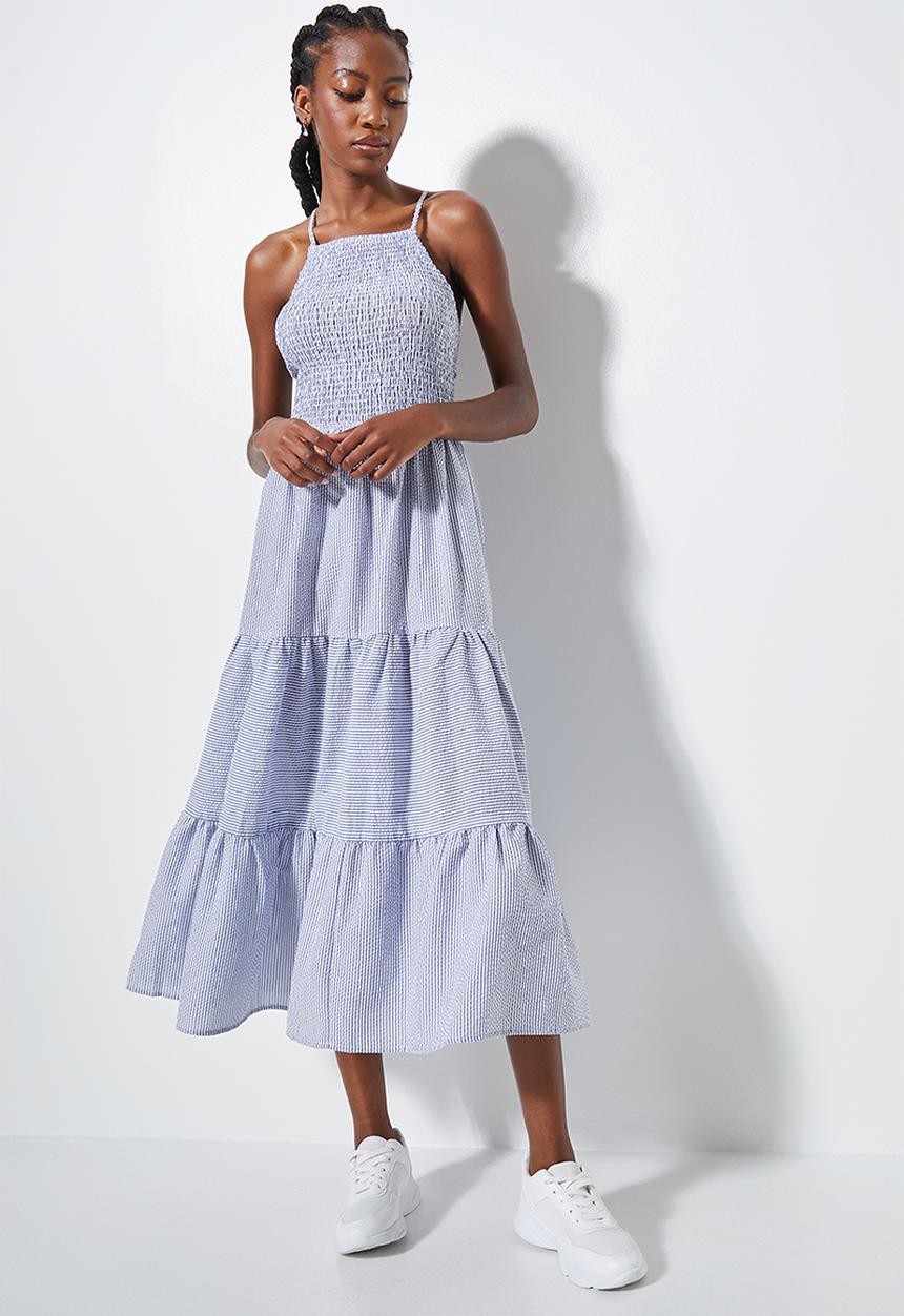 Superbalist - Shirred halter midi - blue & white stripe