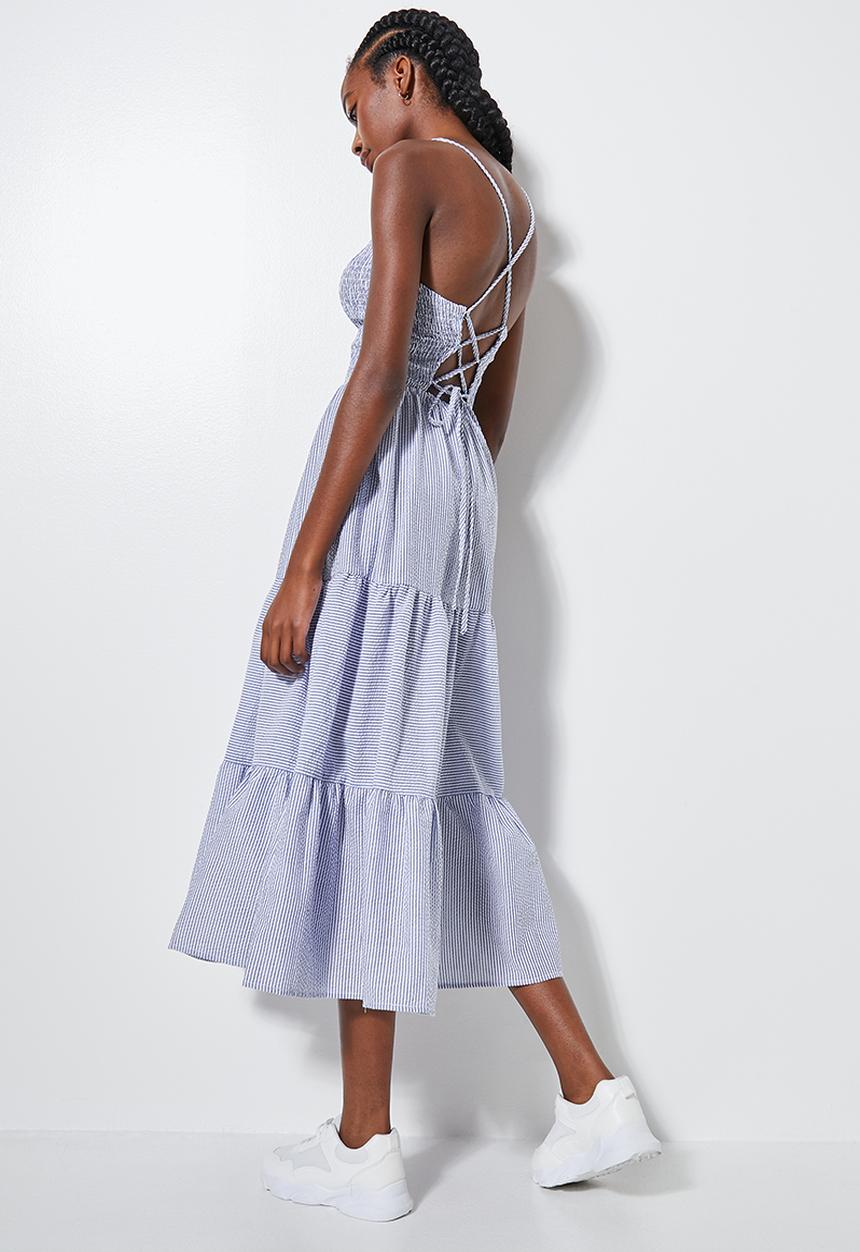 Superbalist - Shirred halter midi - blue & white stripe