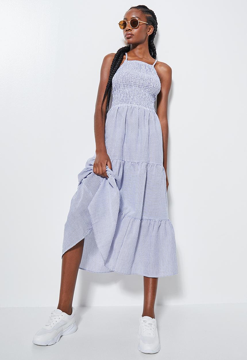 Superbalist - Shirred halter midi - blue & white stripe