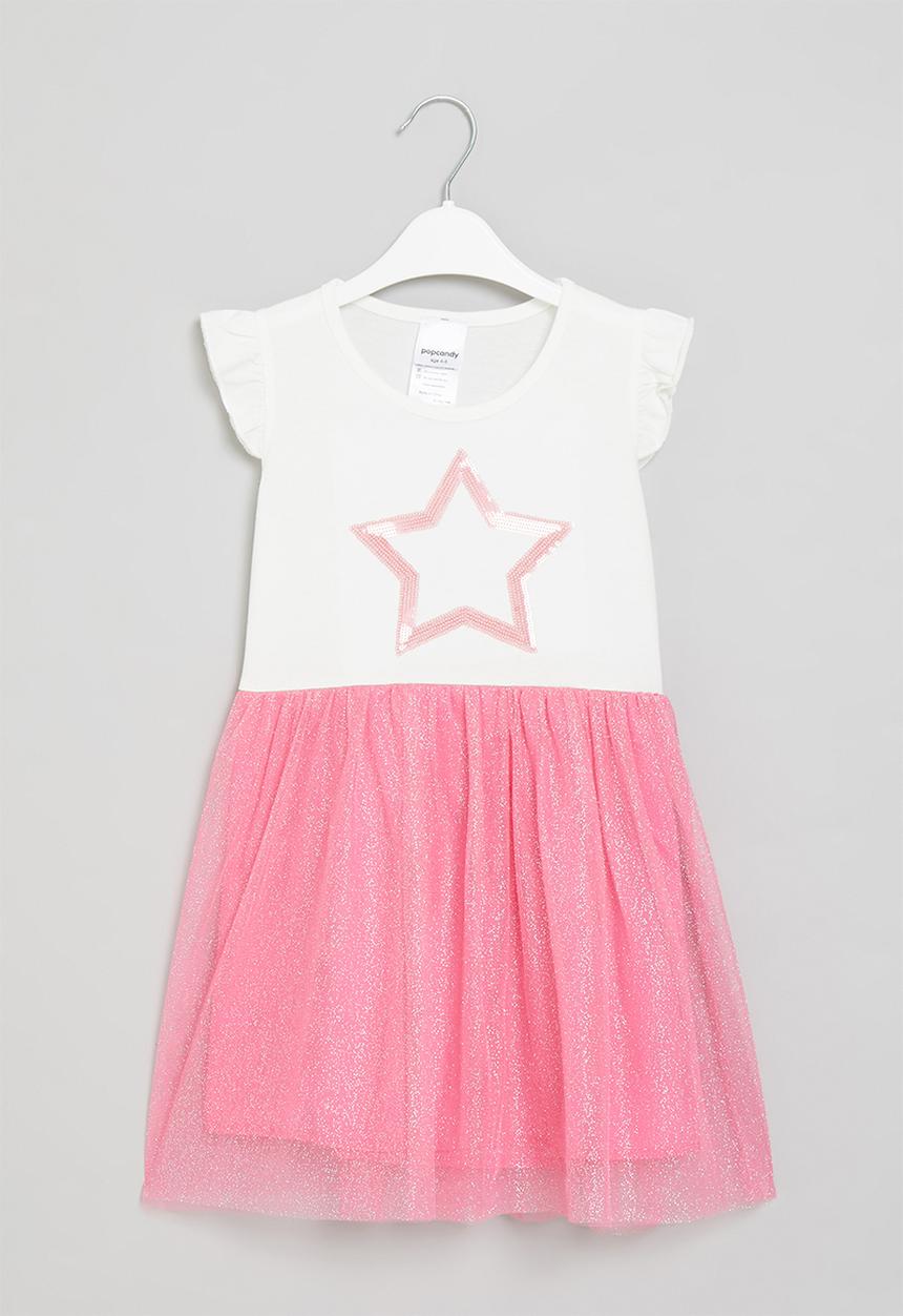 Pop Candy - Girls star dress with mesh - white & pink 