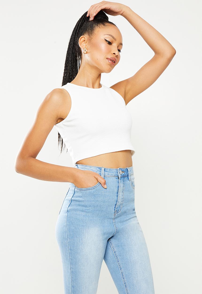 Missguided - Sculpted rib racer neck crop - white