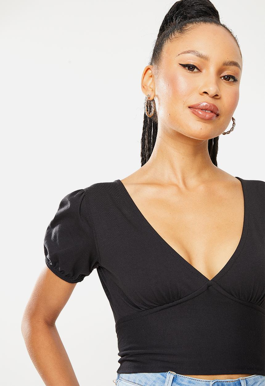 Missguided - Puff sleeve open tie back crop - black
